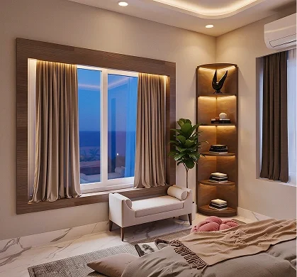 Elegant bedroom interior design with cozy seating area, warm lighting, and modern décor