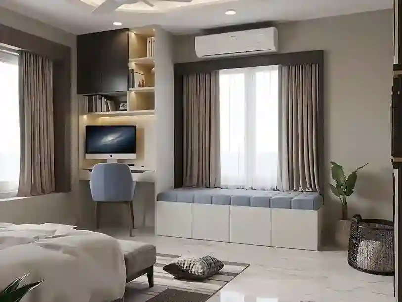 Modern bedroom interior design with wooden accent wall and built-in wardrobe