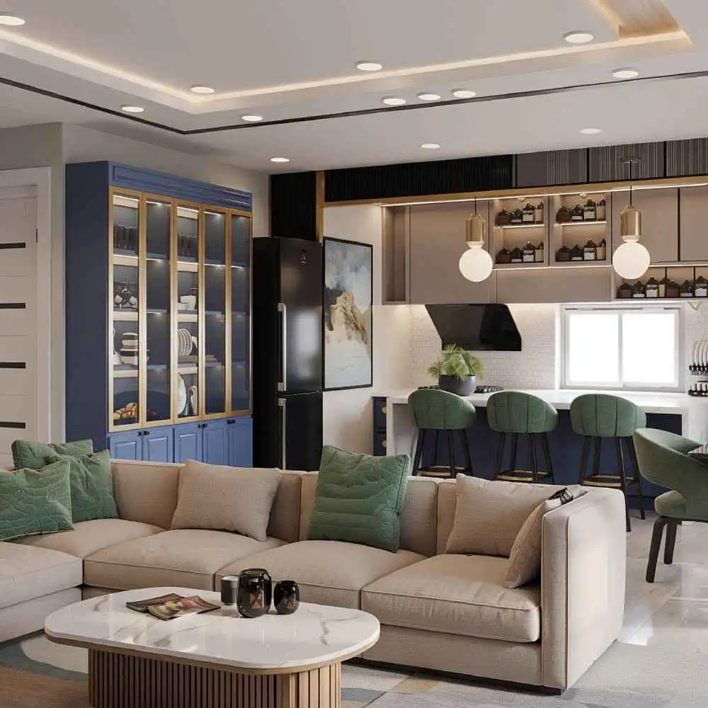 Modern open living room and modular kitchen interior design with dining area